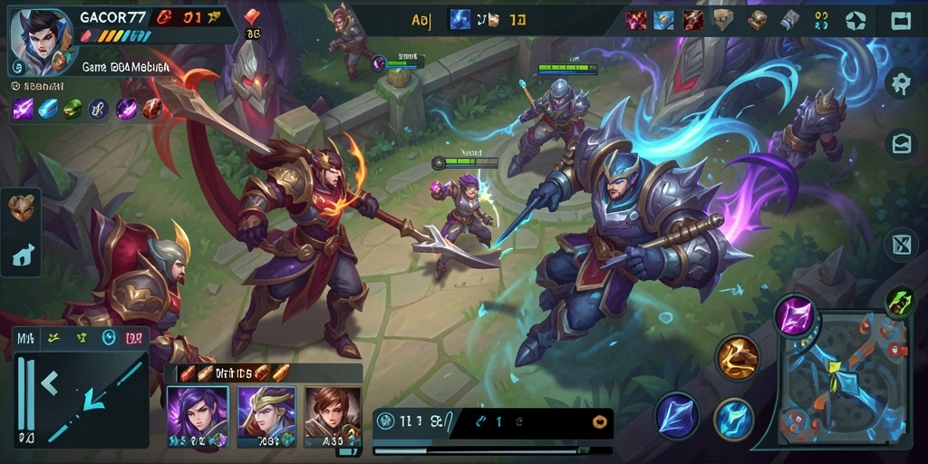 Screenshot utama GACOR77 menampilkan pertempuran intens di arena MOBA.