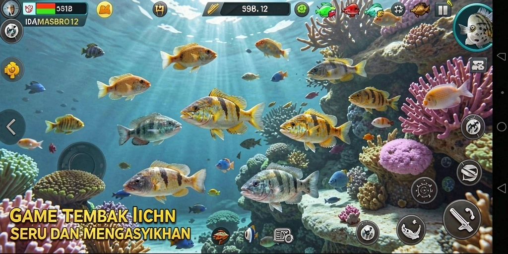 Menampilkan gameplay seru dalam game Tembak Ikan MASBRO12.